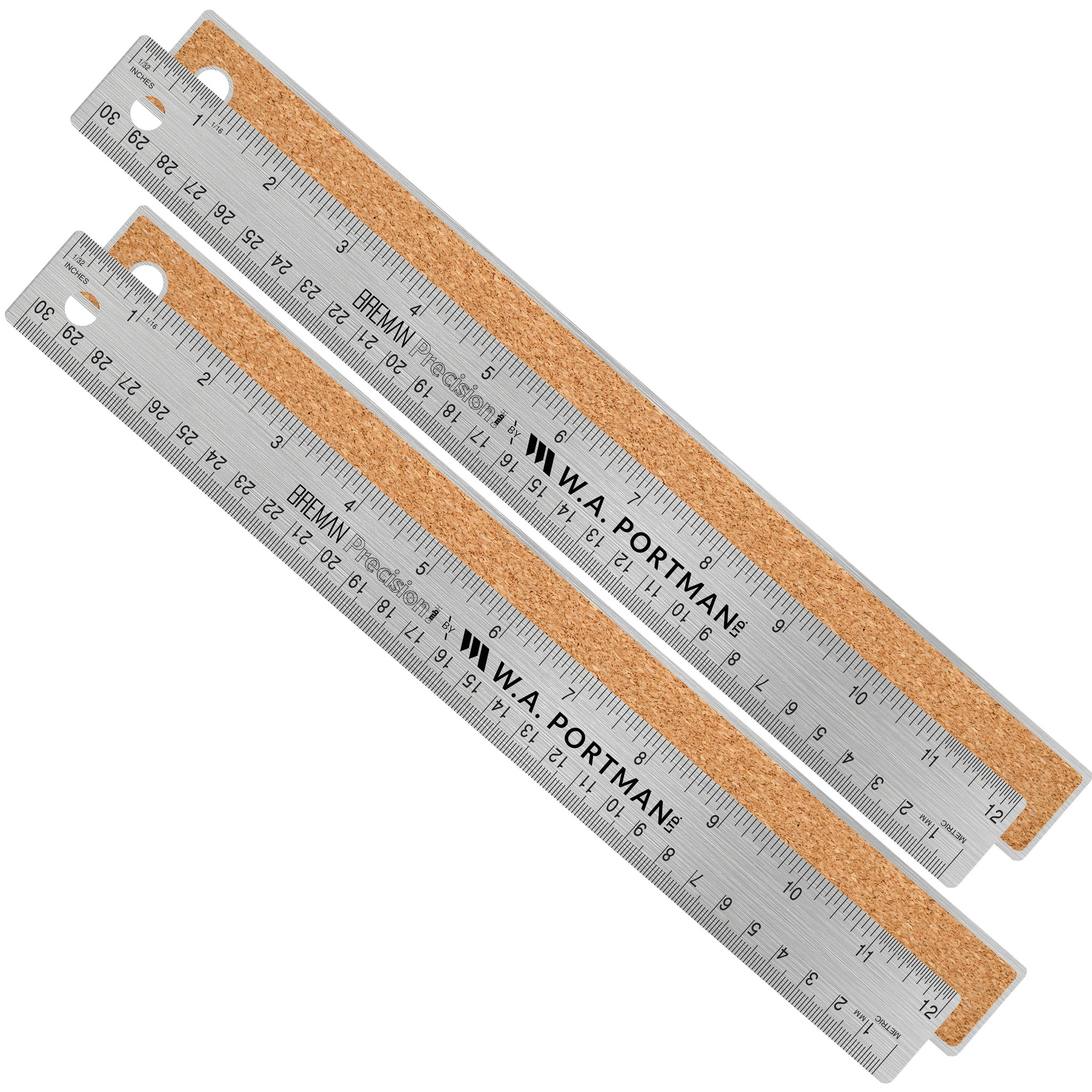 W.A. Portman 12" Stainless Cork Back Ruler 2pk