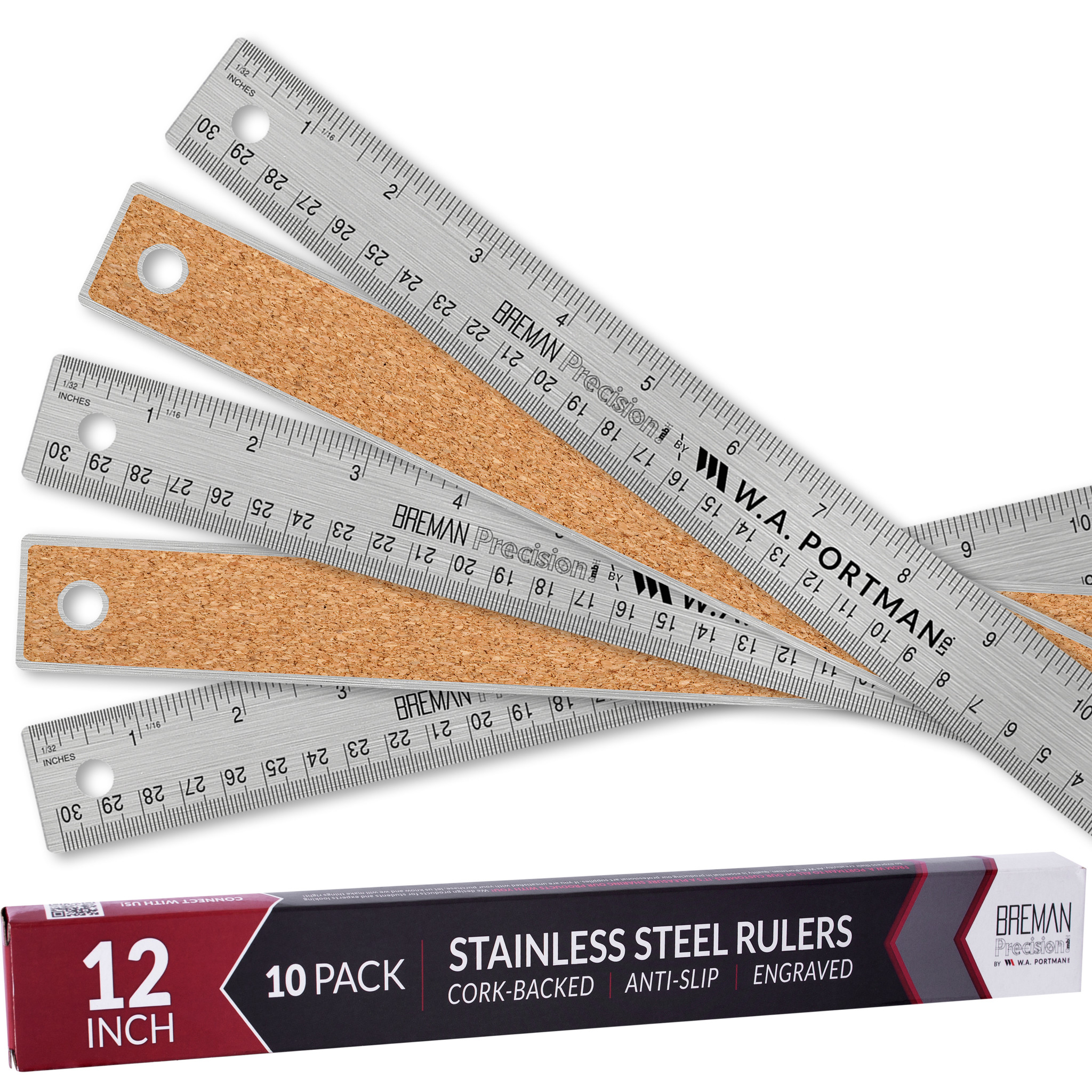 W.A. Portman 12" Stainless Cork Back Ruler 10pk