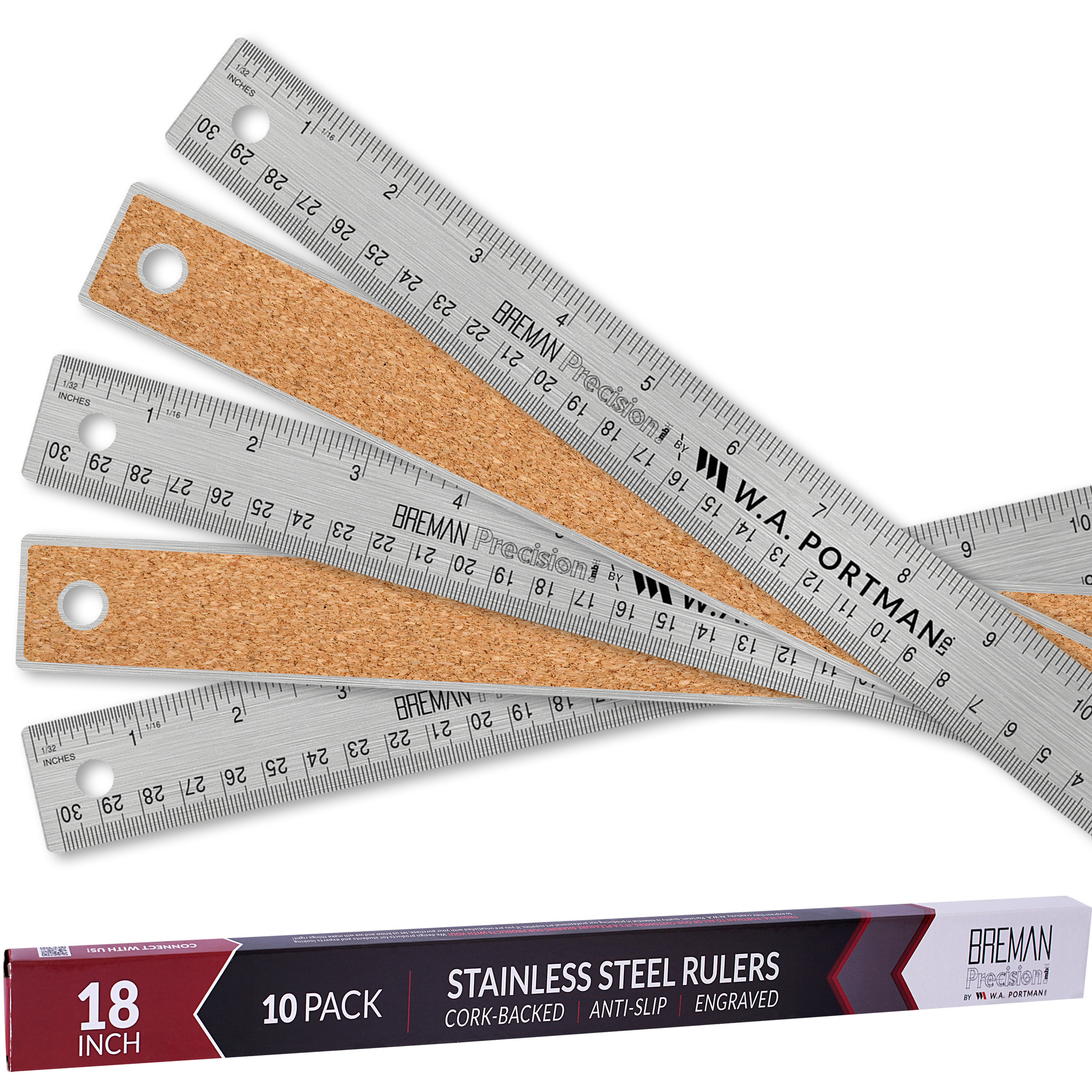 W.A. Portman 18" Stainless Cork Back Ruler 10pk