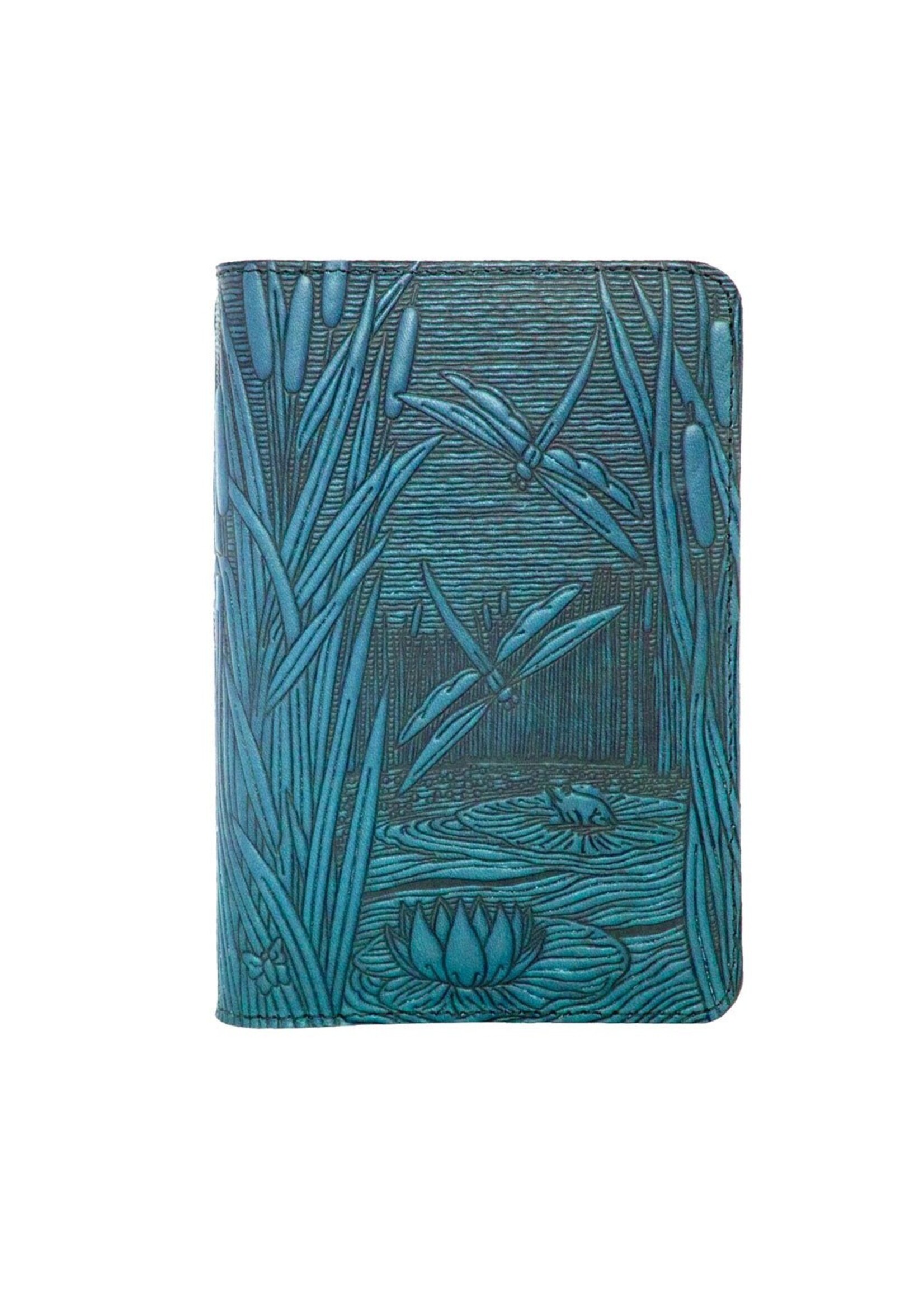 Oberon Design Pocket Refillable Leather Journal Cover - Dragonfly Pond - Sky Blue
