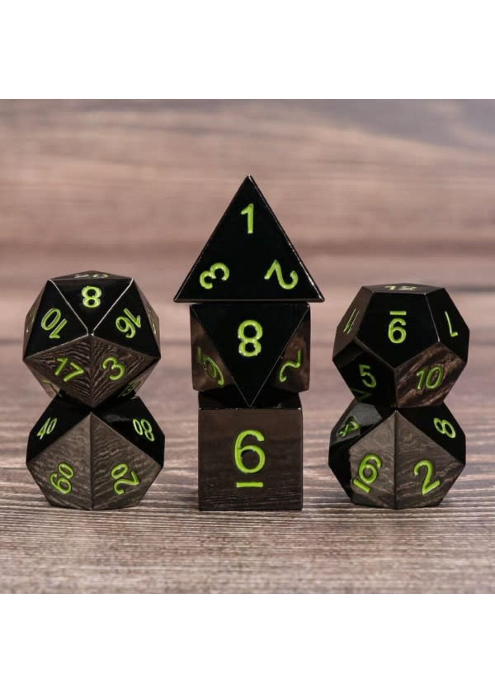 HD Dice 7 Piece RPG Black Metal Dice - Green Font