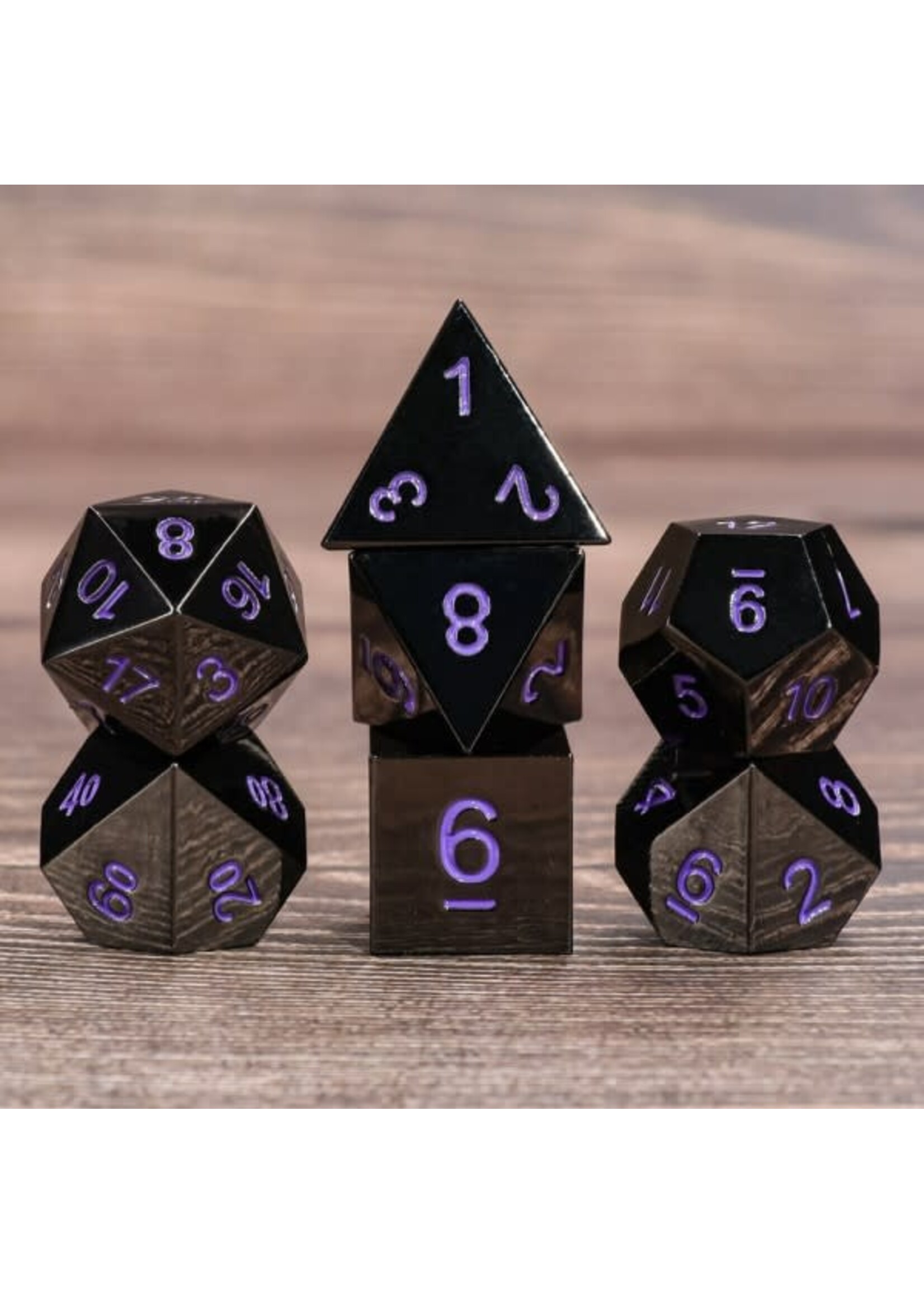 HD Dice 7 Piece RPG Black Metal Dice - Purple Font