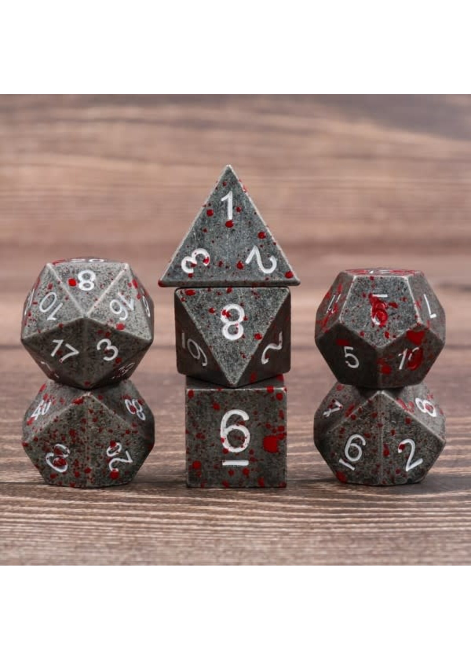 HD Dice 7 Piece RPG Metal Dice Set- White Font (with red splatter)