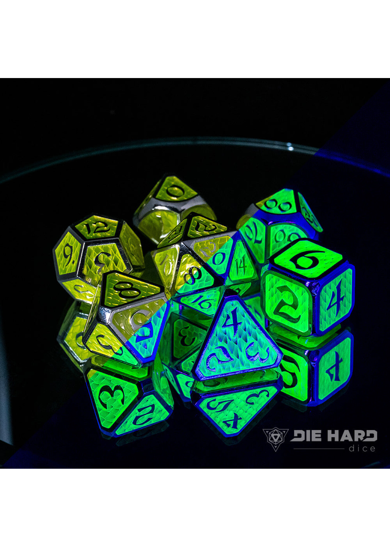 Die Hard Dice 7pc Metal RPG Set - After Dark Drakona Phosphor