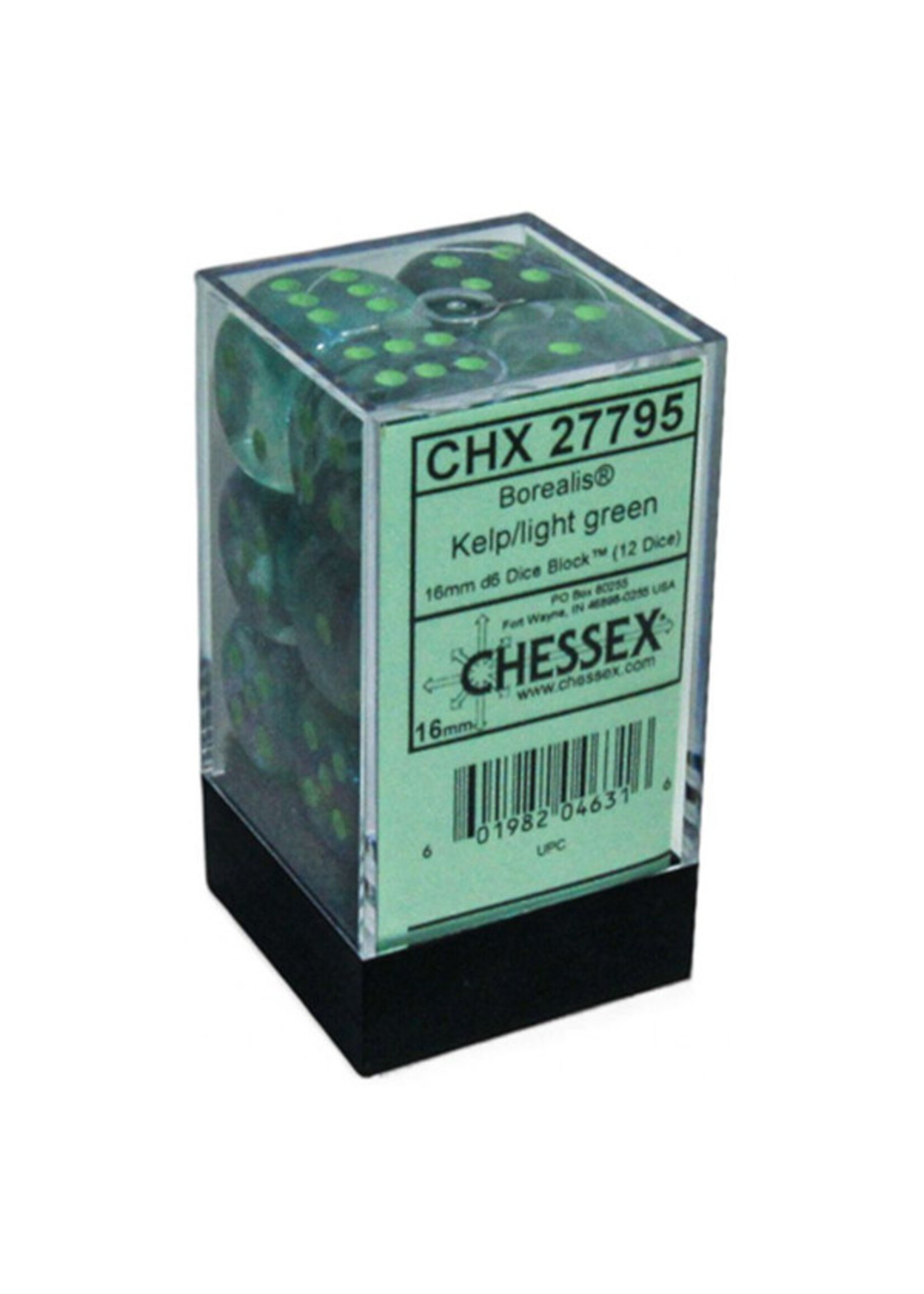 Chessex Borealis: 16mm d6 Kelp/light green Luminary Dice Block (12)