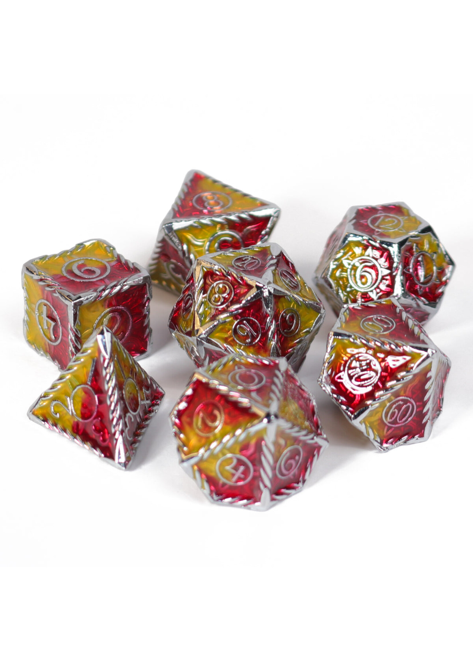 Die Hard Dice 7pc Metal RPG Set - Sunwave Silver w/ Red-Orange