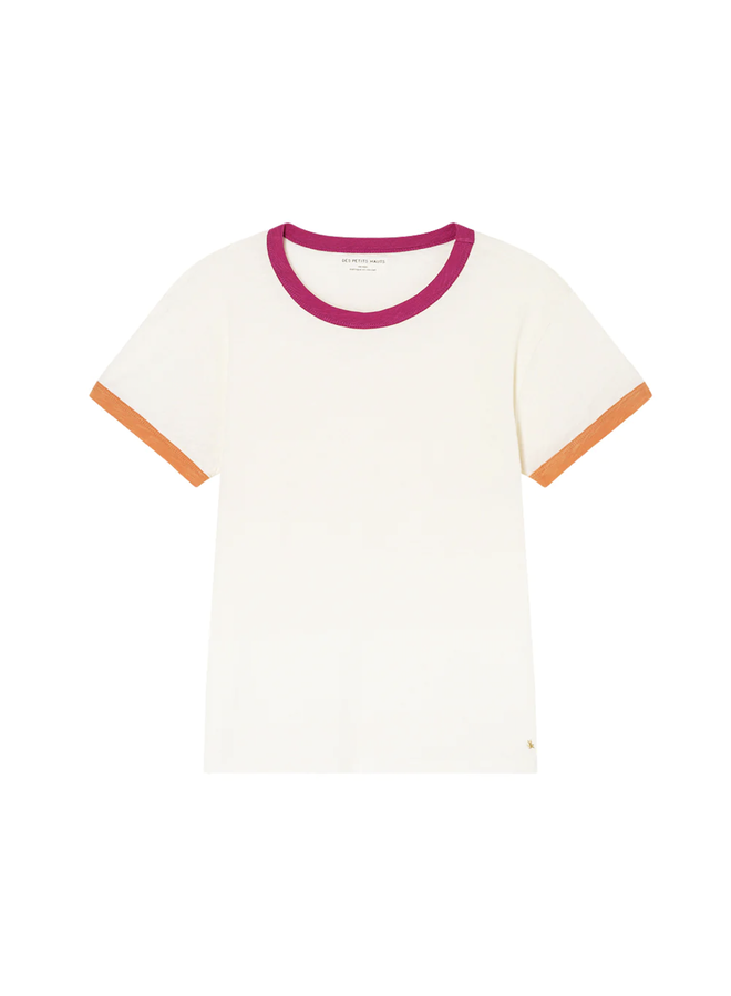 T-shirt Des Petits Hauts Jojo écru à col rond rose sunset