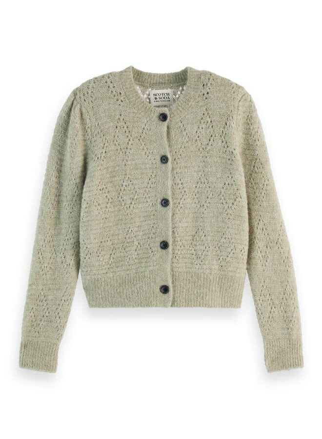 Cardigan Scotch & Soda à col rond boutonné & pointelle vert sauge