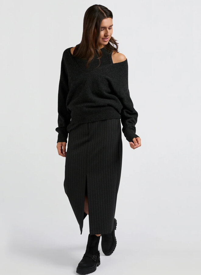 Jupe midi Yaya gris charcoal rayée