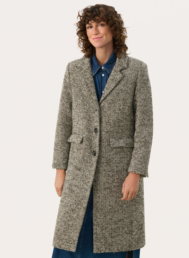 Manteau Part Two Lillyanne en tweed vert olive & gris