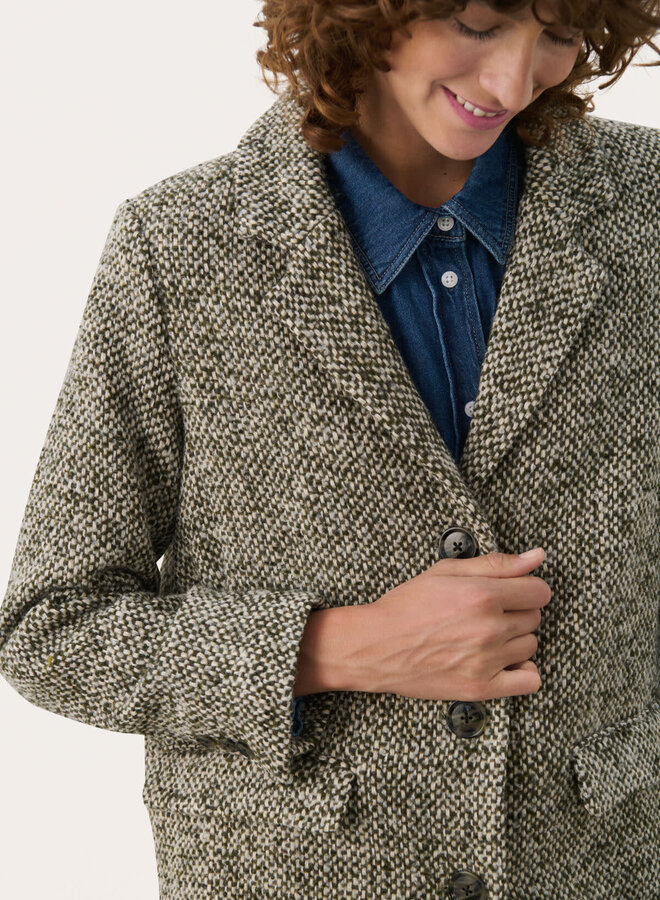 Manteau Part Two Lillyanne en tweed vert olive & gris