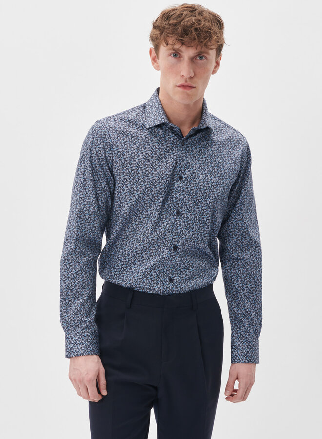 Chemise Matinique Trostol bleu marine à petites fleurs géométriques bleu marine et aqua