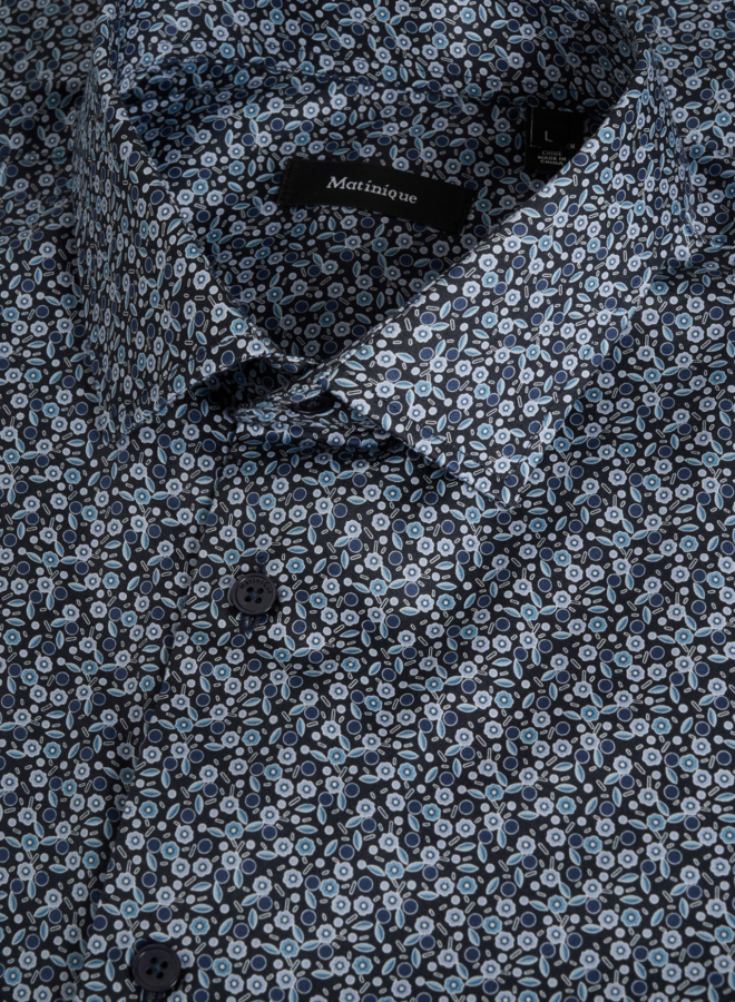 Chemise Matinique Trostol bleu marine à petites fleurs géométriques bleu marine et aqua