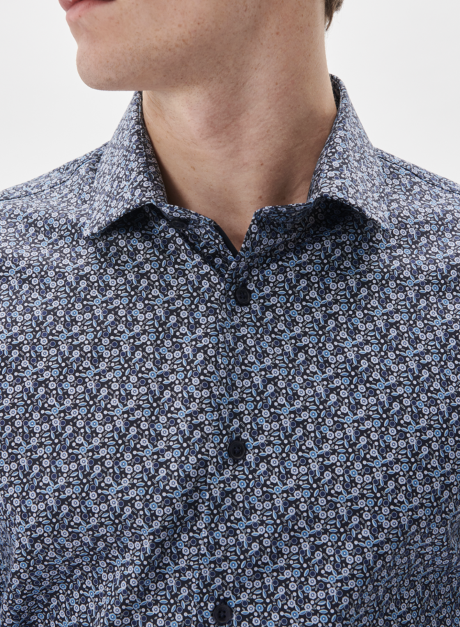 Chemise Matinique Trostol bleu marine à petites fleurs géométriques bleu marine et aqua