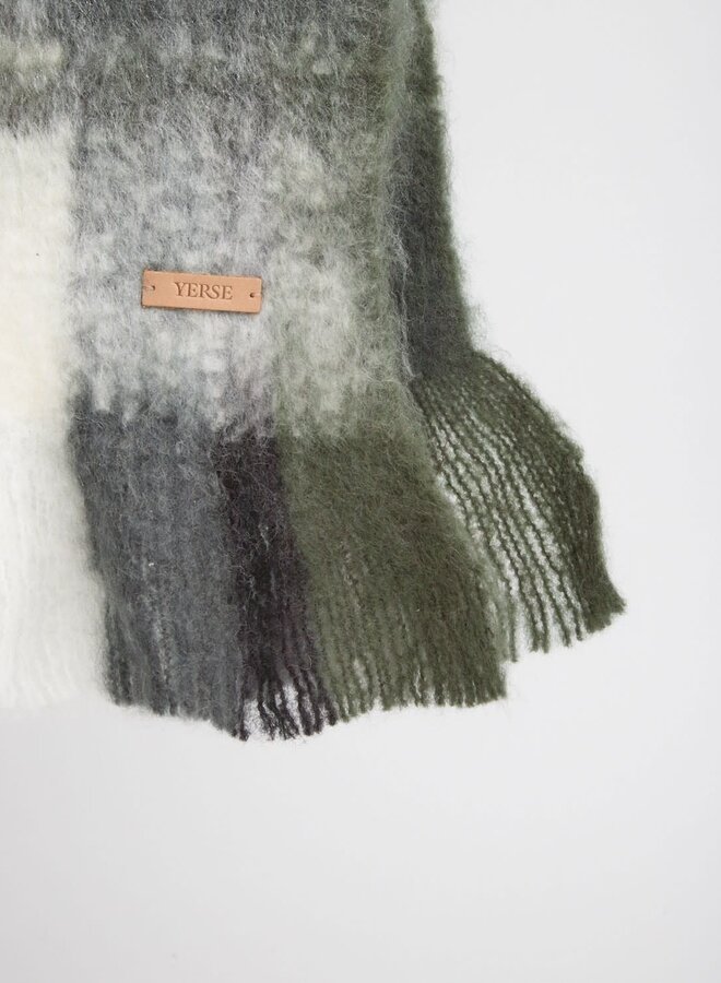 Foulard Yerse Kemena à carreaux gris, vert khaki & écrus