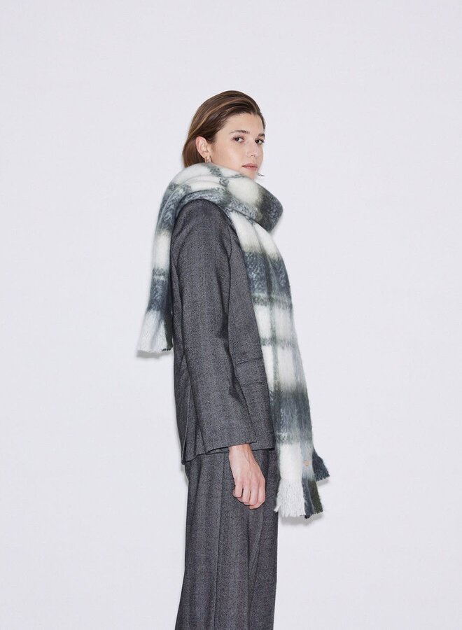 Foulard Yerse Kemena à carreaux gris, vert khaki & écrus