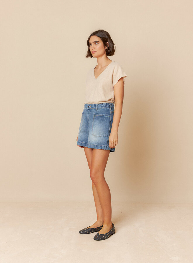 T-shirt Indi & Cold à col v beige lin mélange