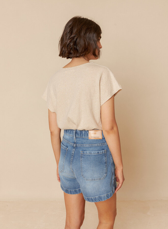 T-shirt Indi & Cold à col v beige lin mélange