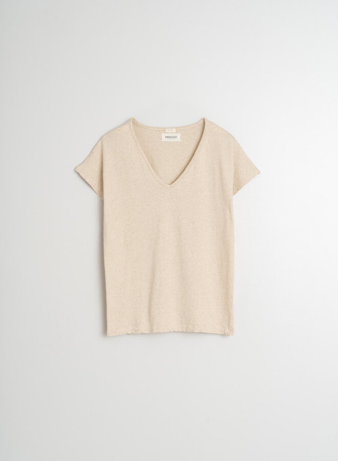 T-shirt Indi & Cold à col v beige lin mélange