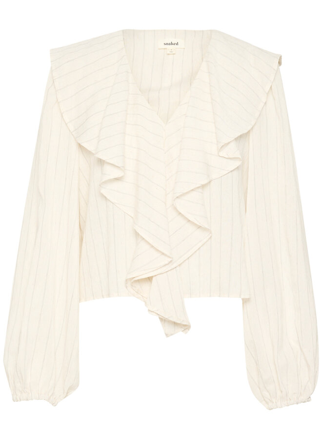 Blouse Soaked in luxury Roya à larges volants beige naturel rayée noire