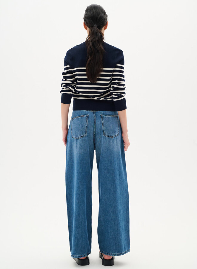 Cardigan InWear Wallis à col V boutonné bleu marine rayé écru