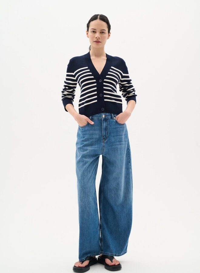 Cardigan InWear Wallis à col V boutonné bleu marine rayé écru