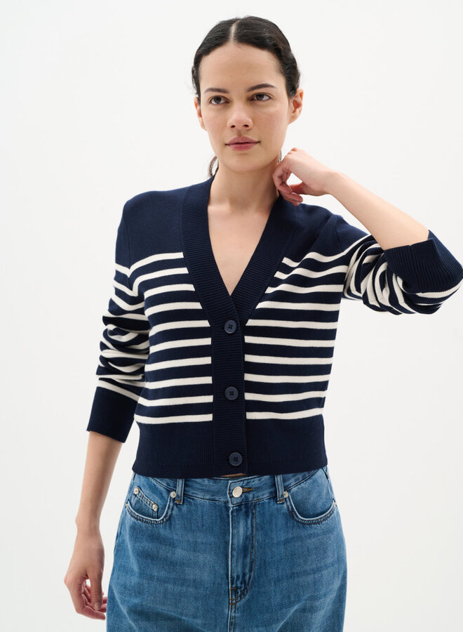 Cardigan InWear Wallis à col V boutonné bleu marine rayé écru
