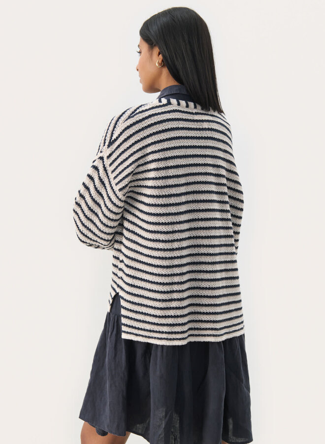 Tricot Part Two Nahni à col V rayé bleu marine & écru
