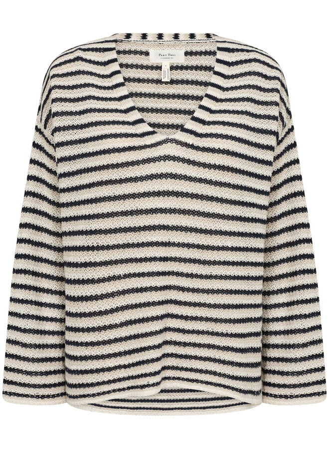 Tricot Part Two Nahni à col V rayé bleu marine & écru