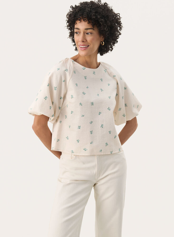 Blouse Part Two Estermarine écrue à petites fleurs bleues & vert olive kalamata