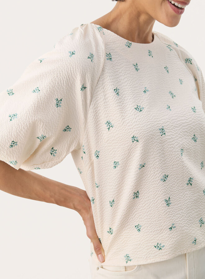 Blouse Part Two Estermarine écrue à petites fleurs bleues & vert olive kalamata