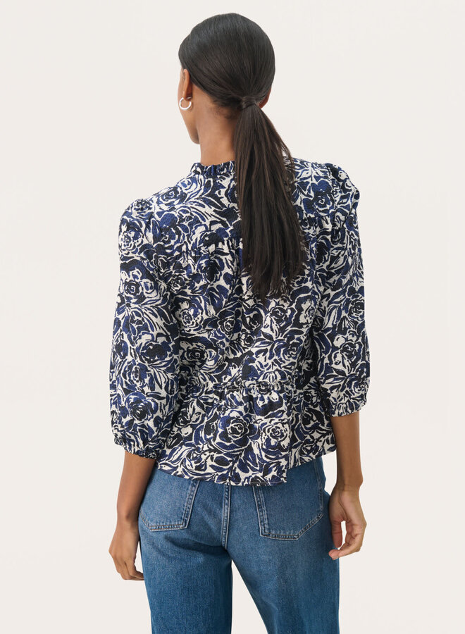 Blouse Part Two Nickeline en seersucker fleurie bleu marine & écrue