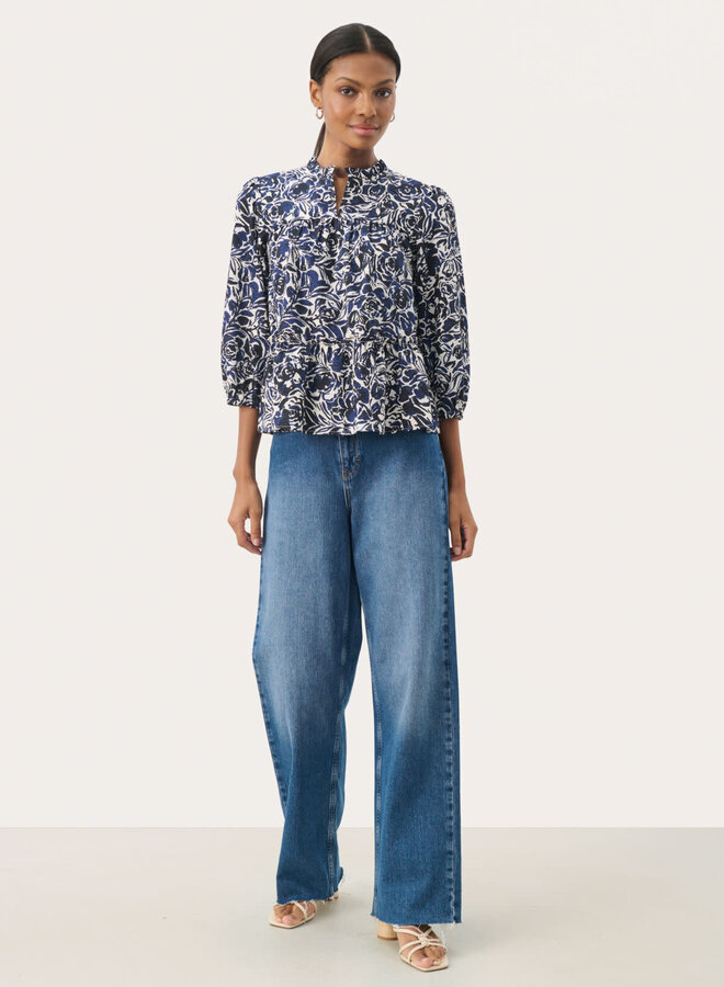 Blouse Part Two Nickeline en seersucker fleurie bleu marine & écrue