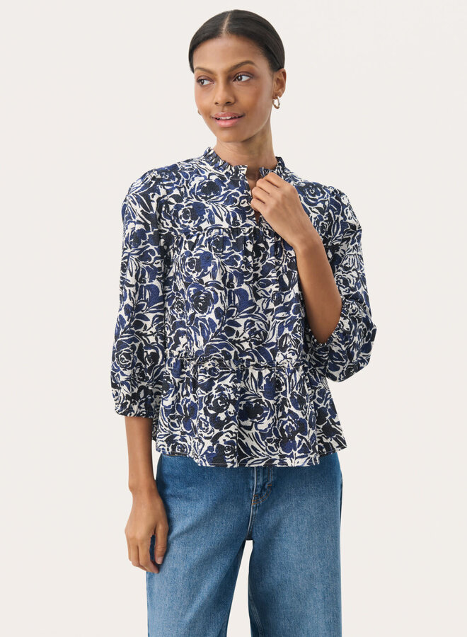Blouse Part Two Nickeline en seersucker fleurie bleu marine & écrue