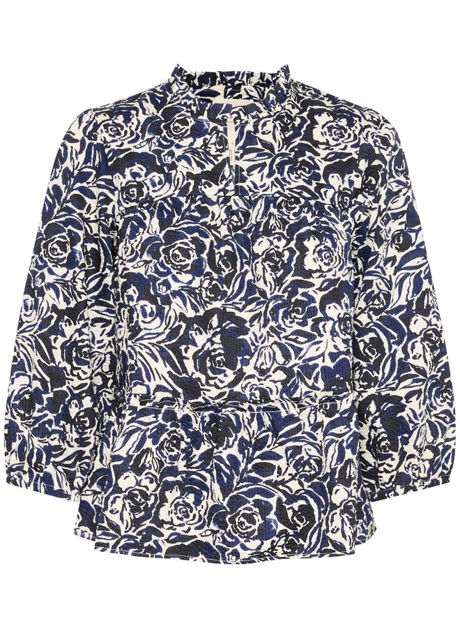 Blouse Part Two Nickeline en seersucker fleurie bleu marine & écrue