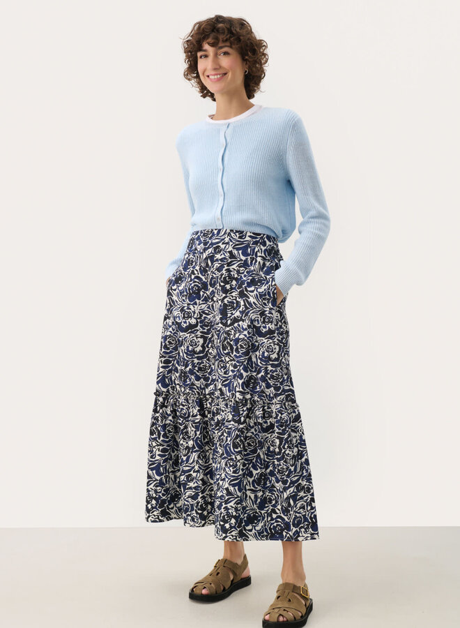 Jupe midi Part Two Nadeem en seersucker fleurie bleu marine & écrue