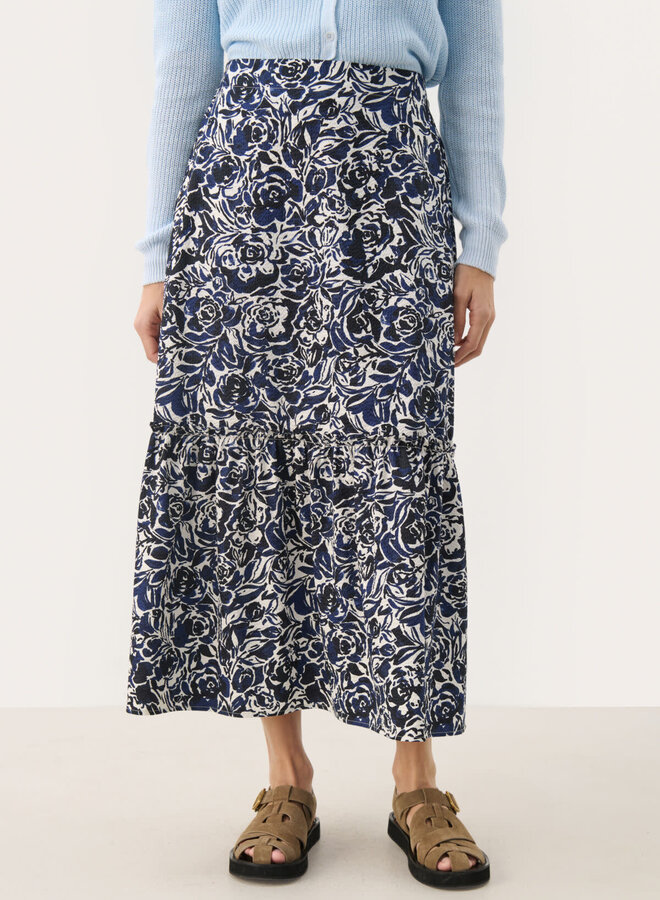 Jupe midi Part Two Nadeem en seersucker fleurie bleu marine & écrue