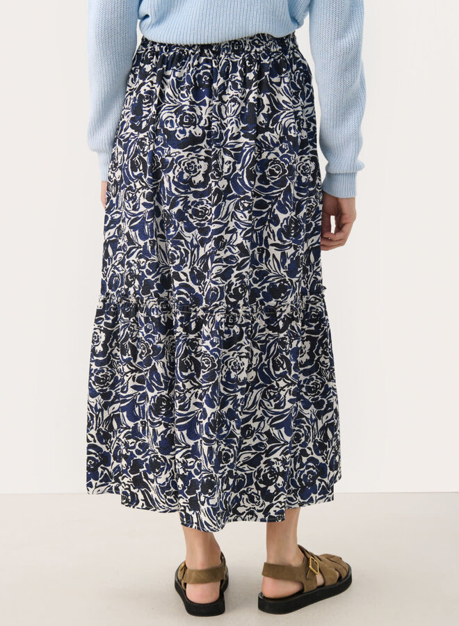 Jupe midi Part Two Nadeem en seersucker fleurie bleu marine & écrue