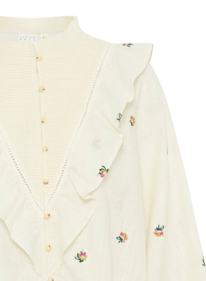 Blouse Atelier Rêve Olivia à volants & broderies de fleurs crème