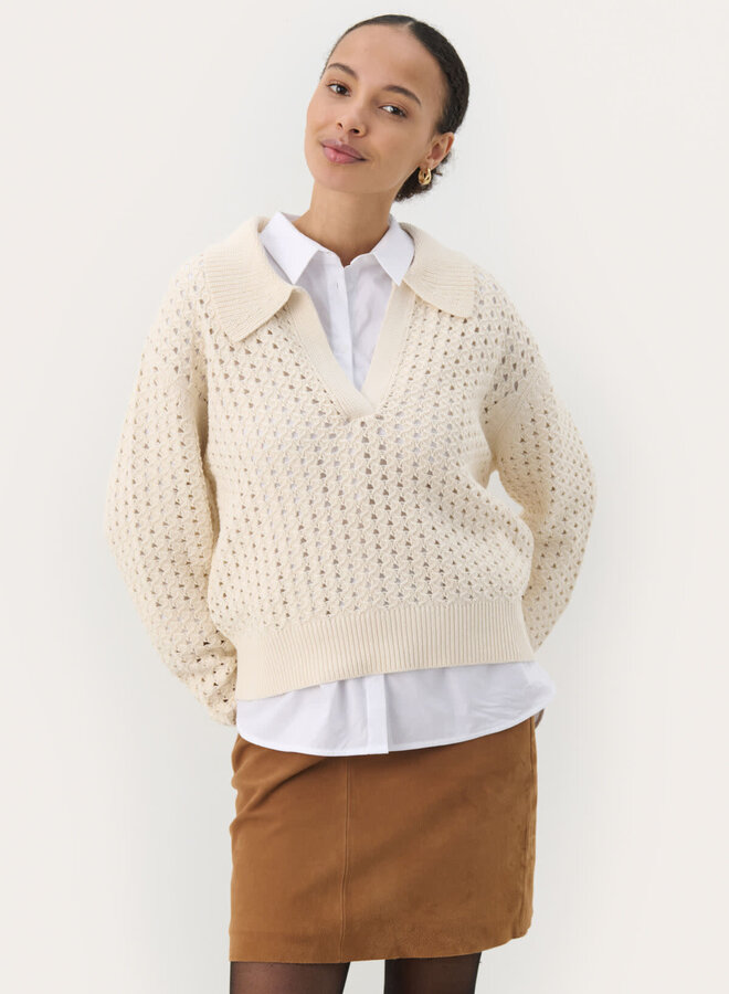 Tricot Part Two Naia à col polo à maille ajourée écru