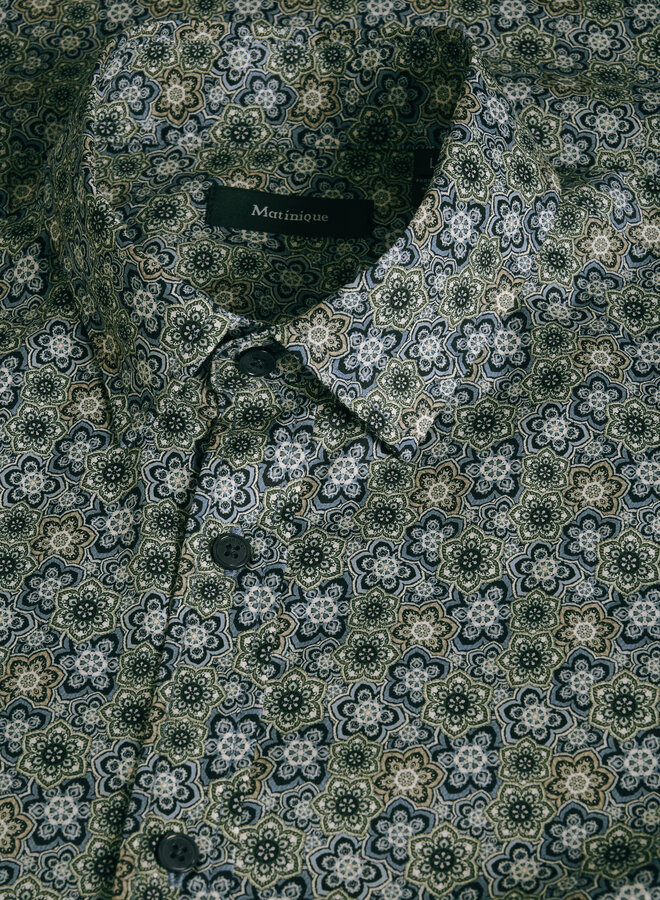 Chemise Matinique Trostol imprimée petites rosaces vert thym & bleu marine