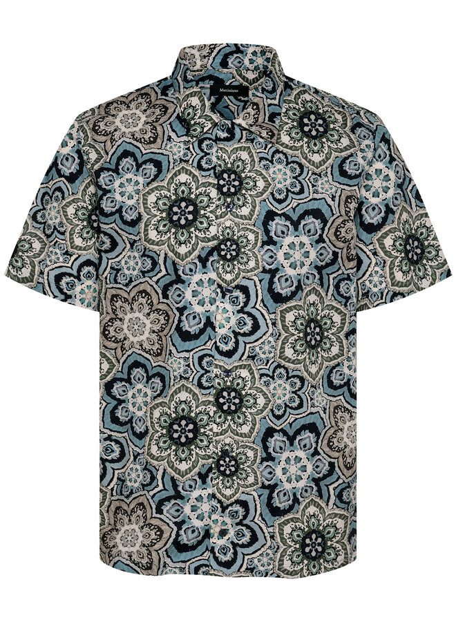 Chemise Matinique Floss à manches courtes imprimée grosses rosaces vert thym & bleu marine