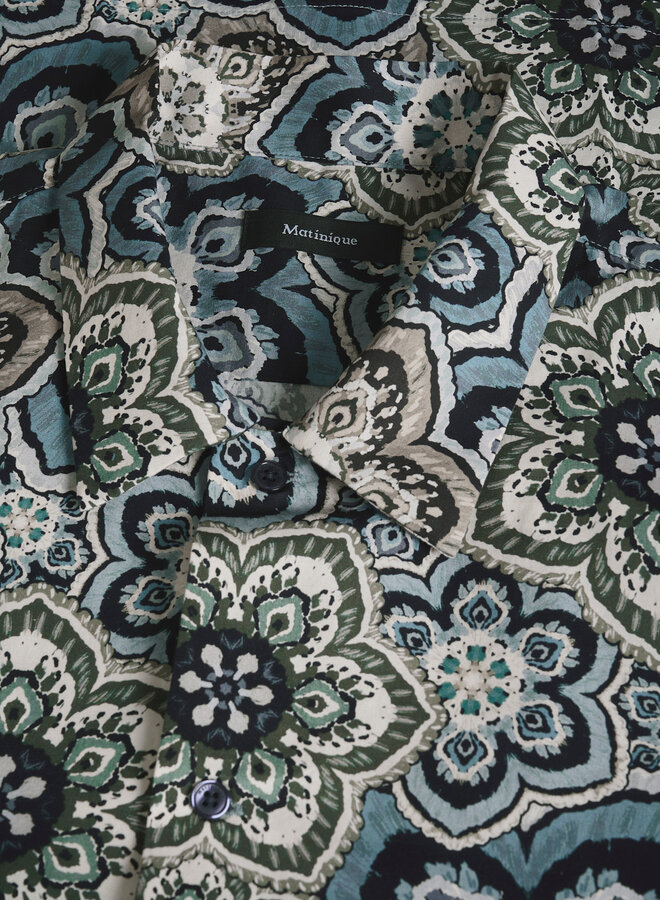 Chemise Matinique Floss à manches courtes imprimée grosses rosaces vert thym & bleu marine