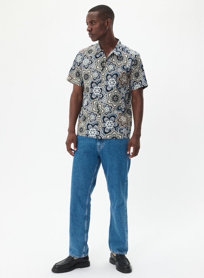 Chemise Matinique Floss à manches courtes imprimée grosses rosaces vert thym & bleu marine