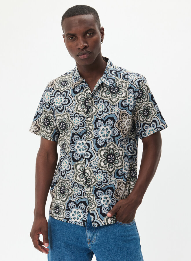 Chemise Matinique Floss à manches courtes imprimée grosses rosaces vert thym & bleu marine