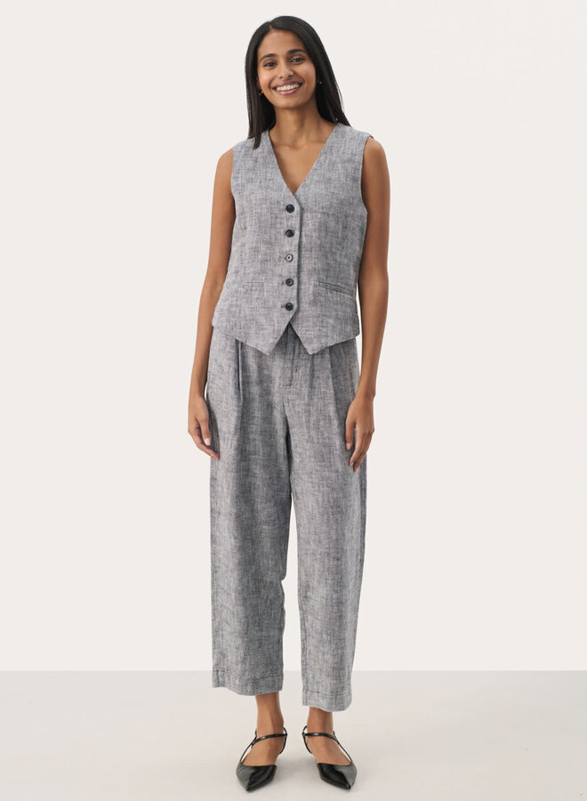Pantalon Part Two Nettas à plis en mélange de lin bleu marine mélange