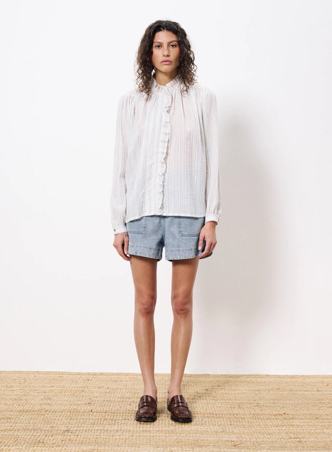 Blouse Frnch Paris à frison blanche rayée bleue