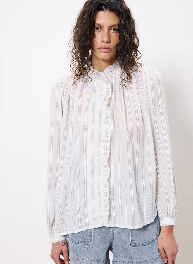 Blouse Frnch Paris à frison blanche rayée bleue