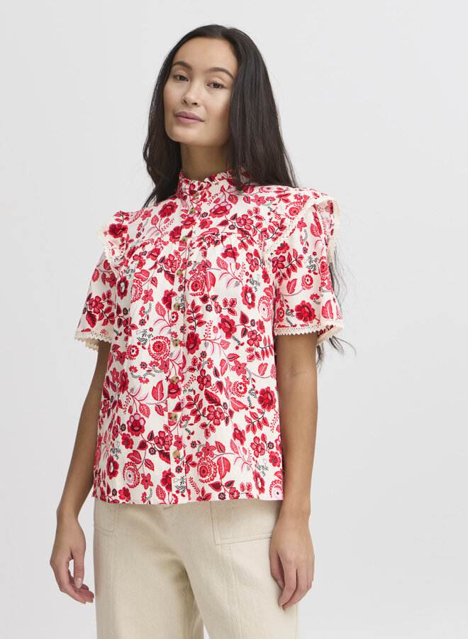 Blouse Atelier Rêve Anna beige bouleau fleurie rouge poinsettia