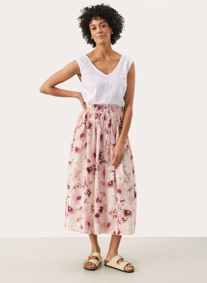 Jupe midi Part Two Rosabell fleurie écrue, rose nectar & brune